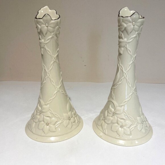 VTG Lenox CHERISH Porcelain Candlesticks Set of 2 Ivory Embossed Flowers Pearls - Picture 1 of 11